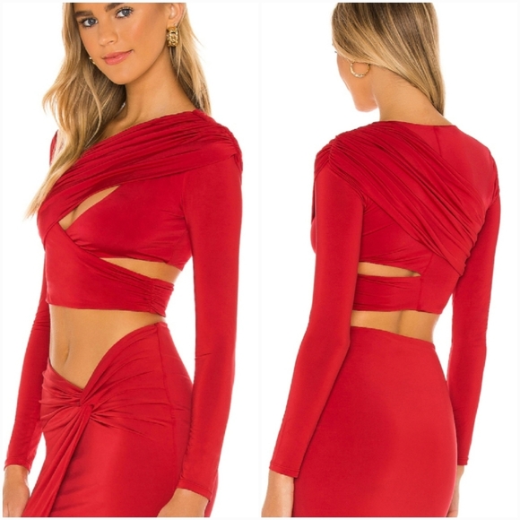 Revolve x H:ours Cherry Red Cyn Crop Wrap Cut-out Top Asymmetric, Womens SZ XL - Picture 3 of 12